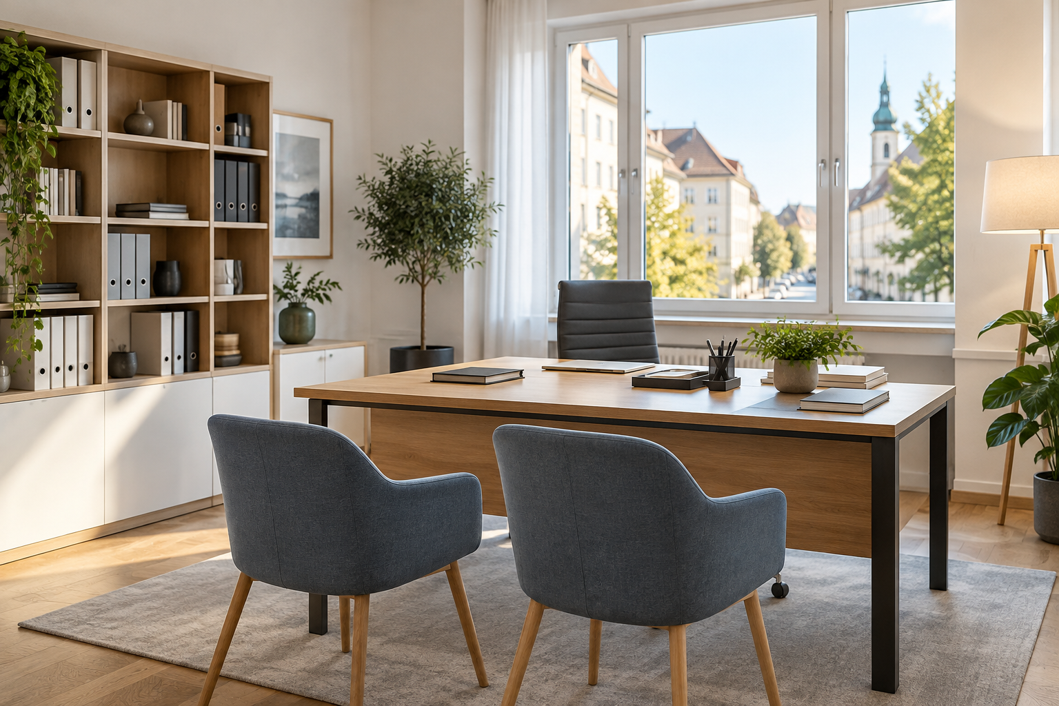 Helles professionelles Büro einer Steuerberatungskanzlei mit Besprechungsplatz